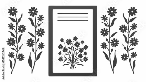Floral frame with bouquet and lines for text on white background with flower accents on either side
