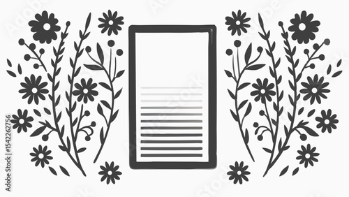 Floral frame with central rectangular shape containing horizontal lines design element