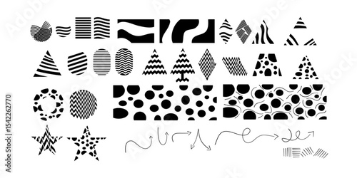 vector illustration of a set of abstract symbols, A modern collection of abstract geometric vector shapes in black and white, including triangles, circles, stars, arrows, and patterns with wavy lines