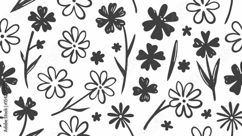 Seamless pattern featuring stylized black and white flowers and stems scattered randomly across the surface