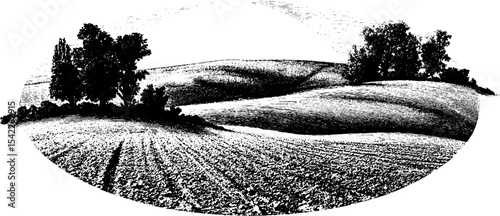 Grainy soil texture with vintage engraving of rolling hills and trees
