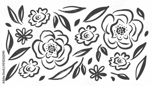 Black and white floral pattern with flowers and leaves in a hand drawn style artistic arrangement