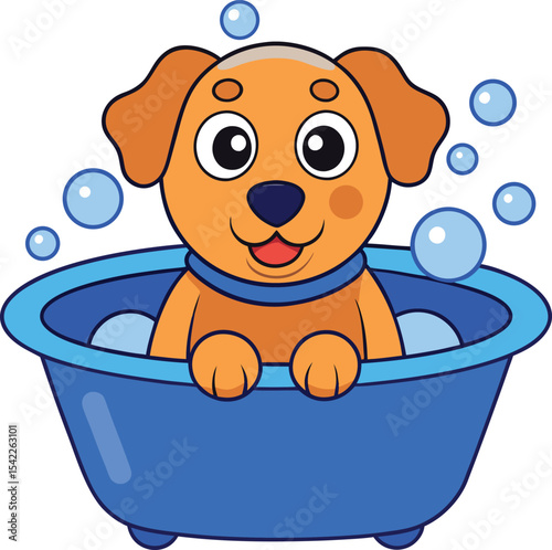 Cute Cartoon Dog Bathing in Blue Tub with Bubbles. new 2025 trendyCute Cartoon Dog Bathing in Blue Tub with Bubbles and Soap Foam
