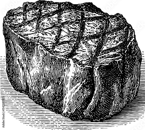 Grilled steak with herbs in vintage engraving style for culinary art and design