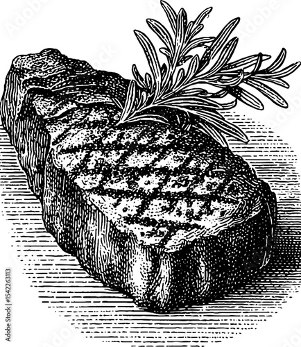 Grilled steak with herbs in vintage engraving style for culinary art and design
