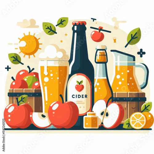 Still life of cider bottles glass pitcher apples oranges in front of wood containers and a sun