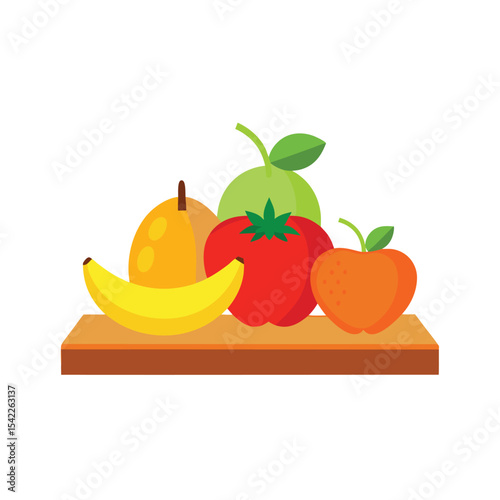Vibrant Fruit Still Life A Colorful Collection of Fresh Pears, Bananas, Apples, and Tomatoes