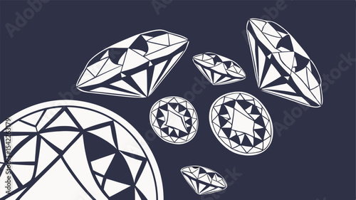 Illustration of seven white diamonds with geometric facets scattered on a dark blue background design pattern