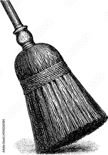Vintage hand broom in engraving and pencil sketch style for artistic and decorative design