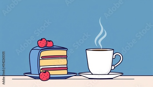 Linear illustration of cake and coffee, minimalist breakfast theme, morning coffee, cappuccino