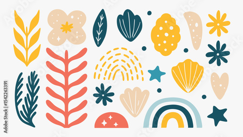 Arrangement of floral and abstract elements in a bohemian style flat vector illustration design