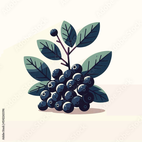 Stylized blueberries branch dark blue berries green leaves purple stem cream background illustrated simplicity