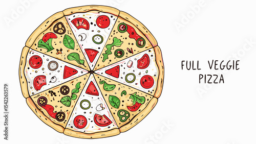 A colorful veggie pizza cut into eight slices with various toppings such as tomatoes and green vegetables
