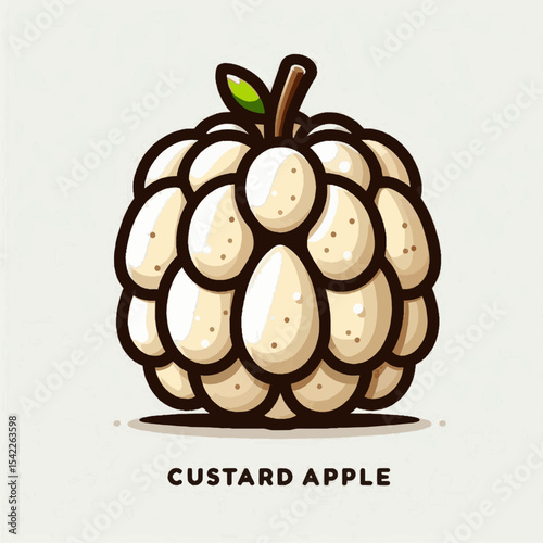 Stylized custard apple graphic round fruit with segments brown stem and green leaf on a plain light background