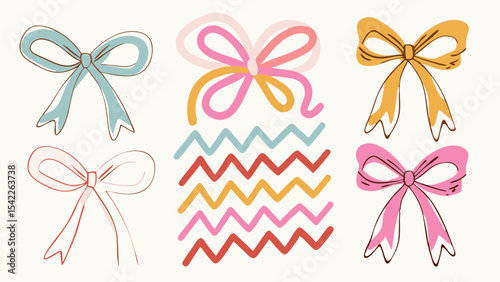 Illustration of colorful bows and zig zag lines in a whimsical hand drawn style on a white background