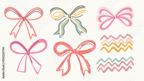 Illustration of several bows in pink, blue, and yellow with wavy lines on a white background