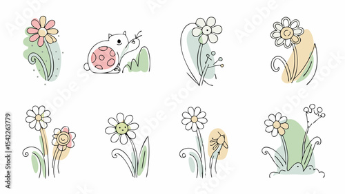 Illustration showing a collection of flowers and a cute spotted animal in a garden setting