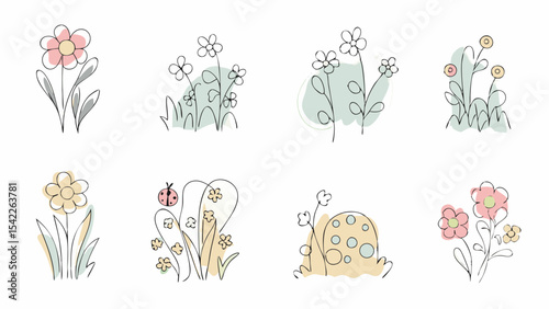 Illustration of eight floral arrangements with various flowers leaves and a ladybug on a white background