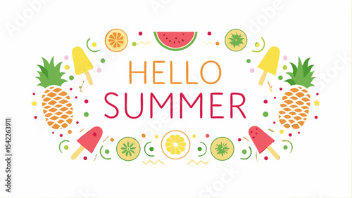 A colorful summer themed design featuring pineapples popsicles and citrus fruits with the words hello summer