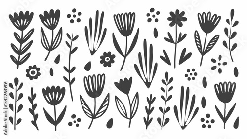 Collection of hand drawn floral elements with leaves and flowers in black and white color scheme