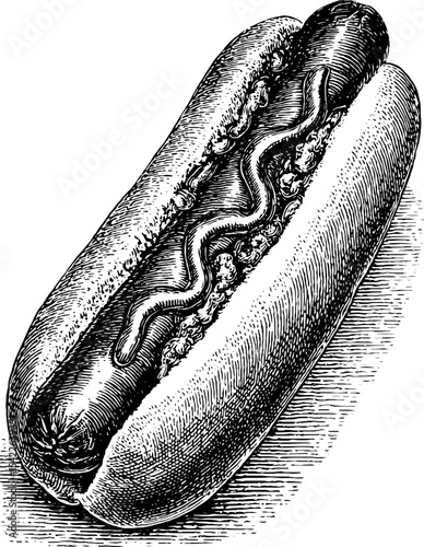 Vintage engraving style hot dog in bun design for food lovers and retro art enthusiasts