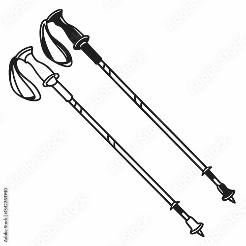 Hiking poles for outdoor activities in black and white illustration  