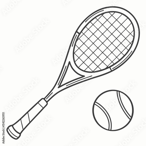 Tennis racket and ball in simple black line art style  