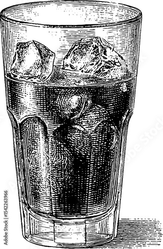 Vintage engraving of iced coffee in tall glass