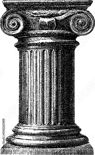 Vintage engraving of ionic capital with volute design for classical architecture projects