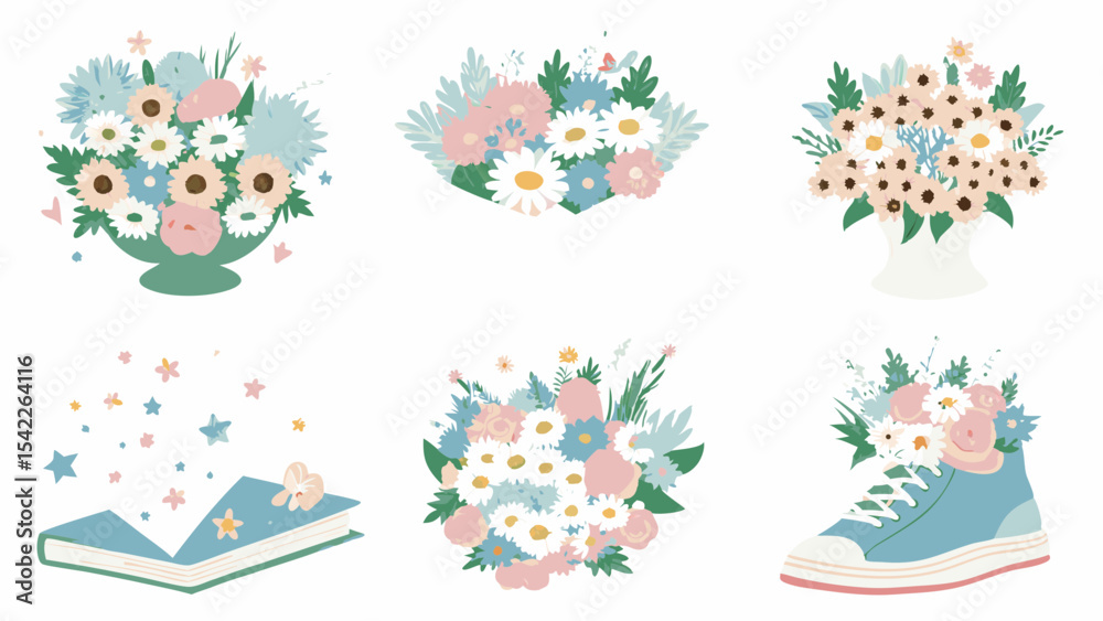 Obraz premium Illustration of flower bouquets in vases, a book with stars, and flowers in a sneaker boot