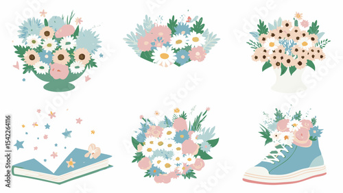Illustration of flower bouquets in vases, a book with stars, and flowers in a sneaker boot