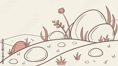 A whimsical landscape featuring rounded rocks, sparse grass, and a delicate flower with soft color tones