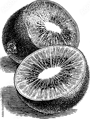 Vintage engraving style of sliced kiwi with detailed aesthetic for artistic design