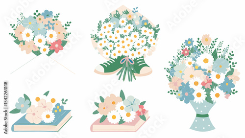 Illustration of various floral arrangements including bouquets in vases, books and shoes, pastel colors