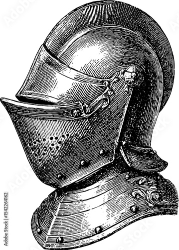 Vintage engraving style profile of a knight helmet for historical design