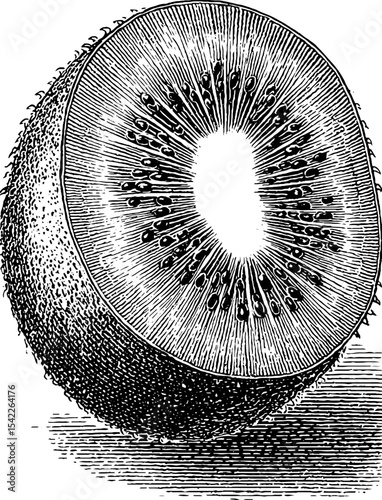 Vintage style engraving of sliced kiwi fruit for artistic design aesthetic