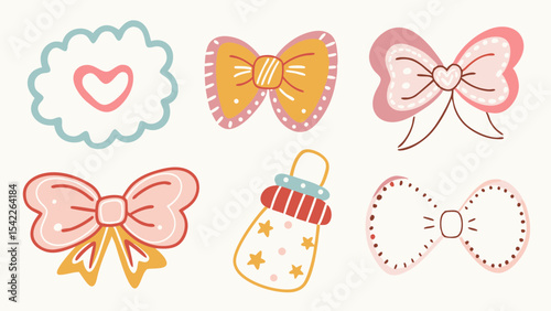 Illustration showing a heart cloud and several bows along with a baby bottle drawing design here