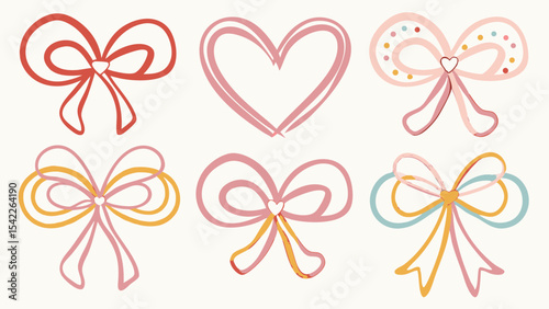 Assortment of colorful bows and a heart shape arranged on a white background in a decorative manner