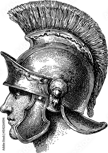 Knight helmet profile in vintage engraving style for historical design