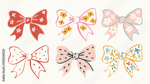 Collection of six decorative bows with floral and polka dot patterns in pastel colors on a white background