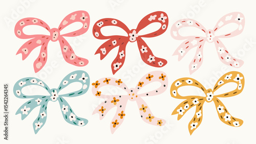 Illustration of six decorative bows with floral patterns in various pastel colors and white background