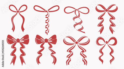 Collection of eight decorative red bows with varying ribbon styles for gifts and celebrations design use