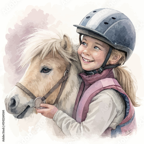Cute girl and pony in protective riding gear