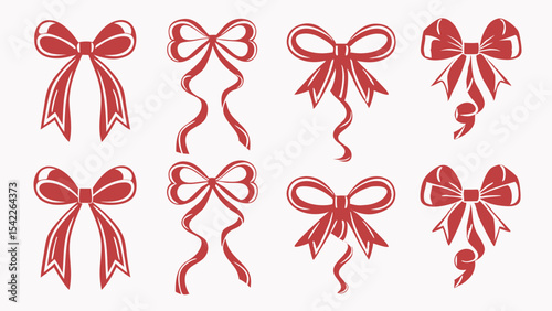 Illustration of eight red decorative bows with varying ribbon styles on a white background artfully arranged
