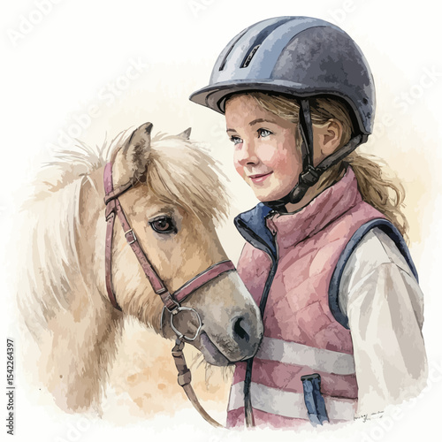 Girl with pony in helmet, realistic watercolor illustration