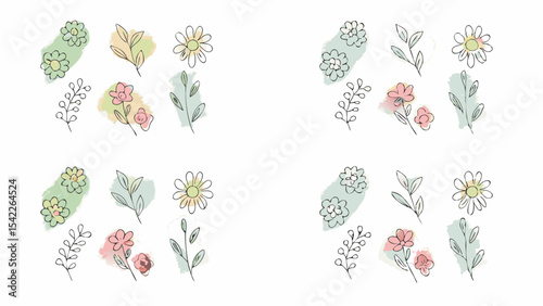 Watercolor floral elements with leaves and flowers in a grid pattern on a white background design layout