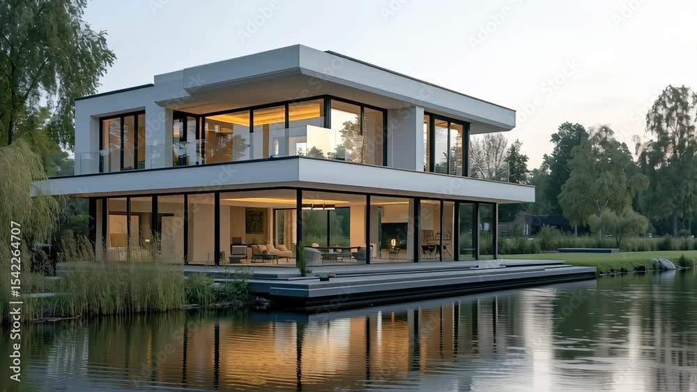 A large white house with a large glass window and a pool in front of it. The house is surrounded by trees and a pond A large white house with a large glass window and a pool in front of it. The house is surrounded by trees and a pond