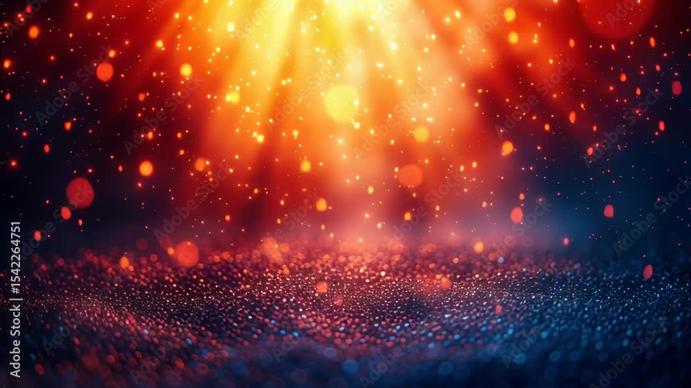 A bright orange sun is shining through a blue sky, casting a warm glow on the ground. The sky is filled with a multitude of tiny, sparkling particles, creating a dreamy, ethereal atmosphere