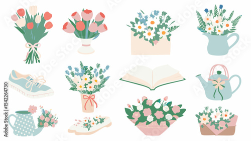 Illustrative display of flowers in vases, a shoe, a book, and teapots on a white background