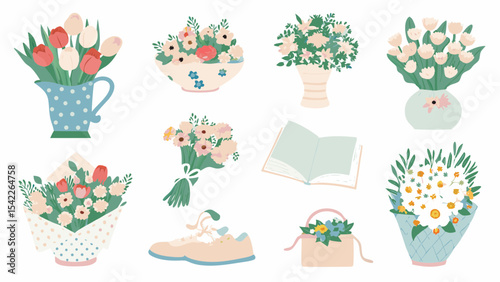 Collection of floral arrangements in vases bowls and bouquets with a book and a shoe displayed